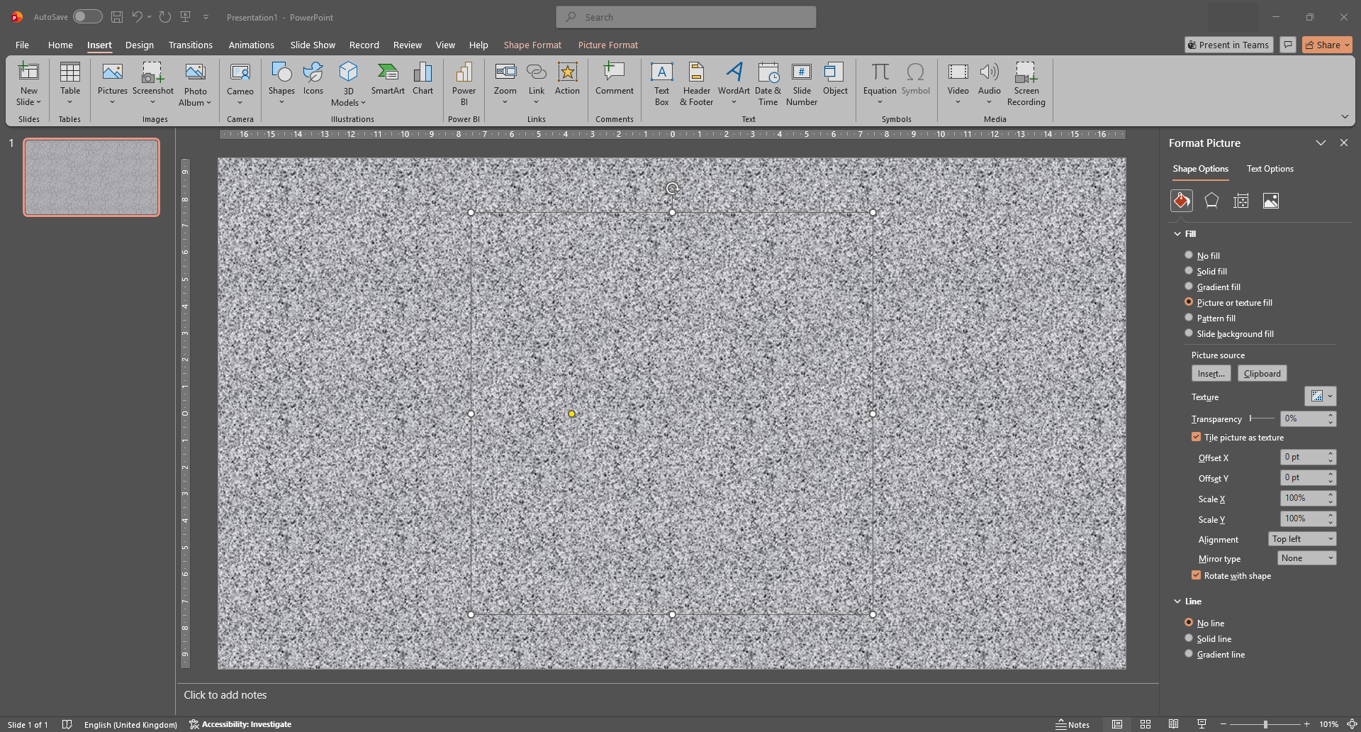 PowerPoint window illustrating the result after inserting a shape with a texture matching the background