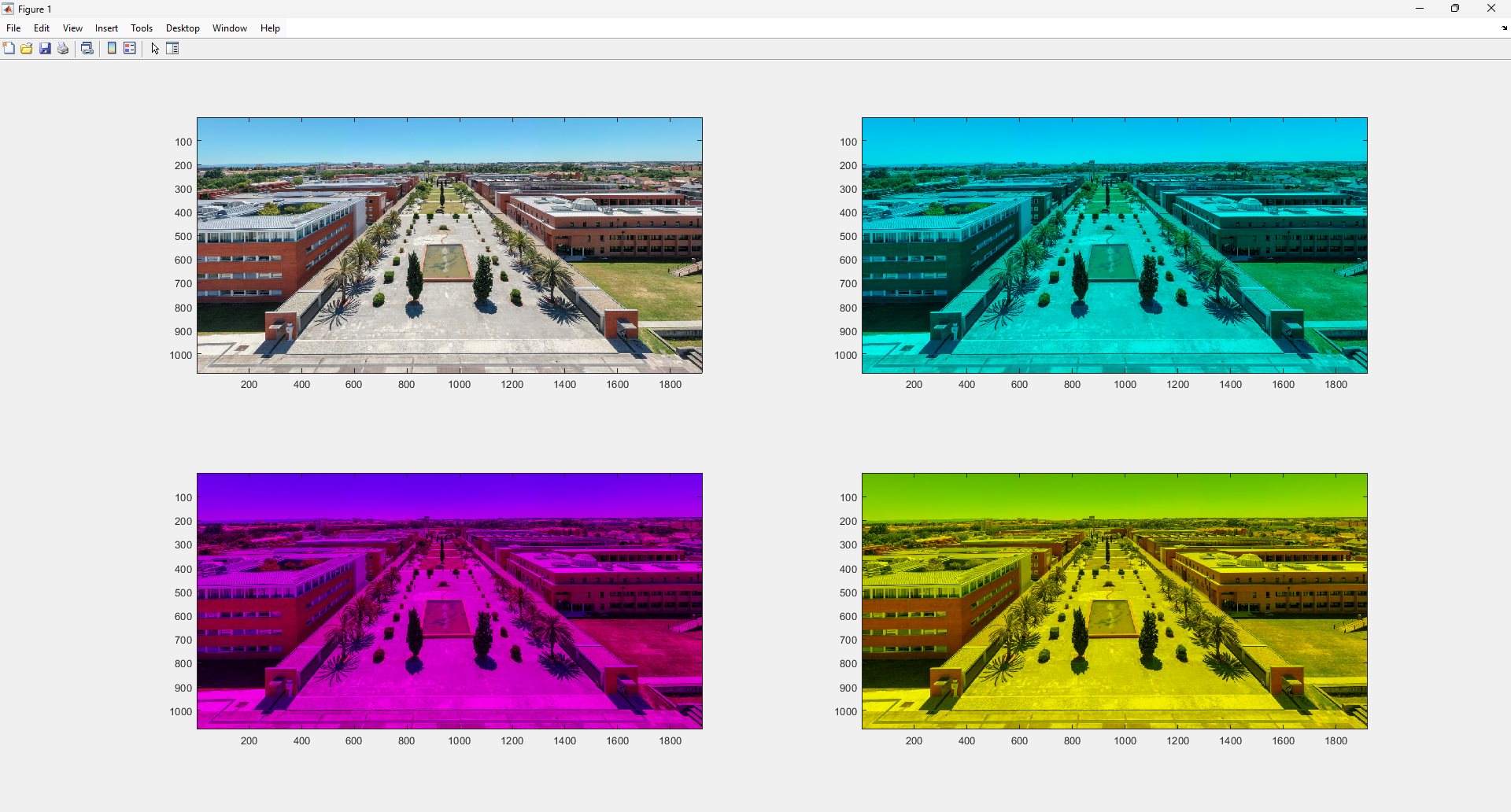 Resultado numa janela MATLAB do exercício 3: Uma fotografia na sua versão original e sem os canais vermelho, verde, e azul