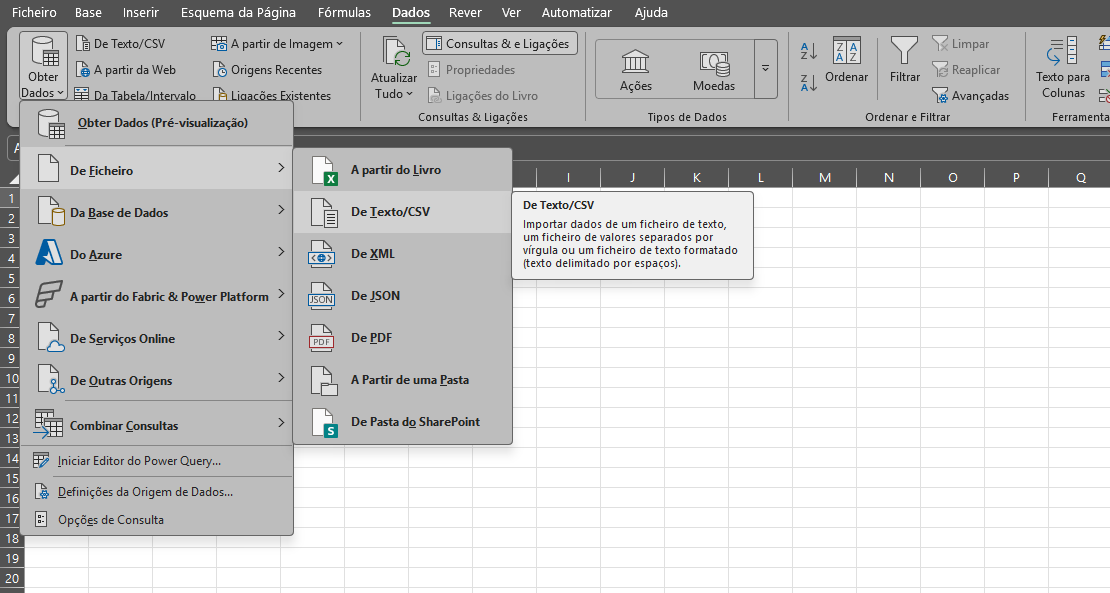 Opção 'Obter Dados > de Ficheiro > De Texto/CSV' no Excel