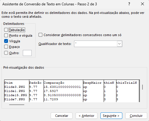 Passo 2 de 3 do Assistente de Conversão de Texto em Colunas